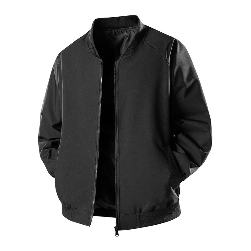 Men's Black Bomber Jacket Trendy Baseball Jersey Design Fashionable Comfortable Outerwear Perfect for Casual Street Style Everyday Wear Windproof Warm Gift Lightweight Top Sports Solid Color