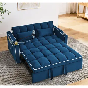 55.51-inch Multi-Functional Foldable Sofa Bed, 3 Length Options, Modern Sofa, Velvet Fabric, Pulls Out into Bed, Adjustable Backrest, with USB Ports, Ashtray, and Rotating Phone Holder Foam compression Corduroy couch
