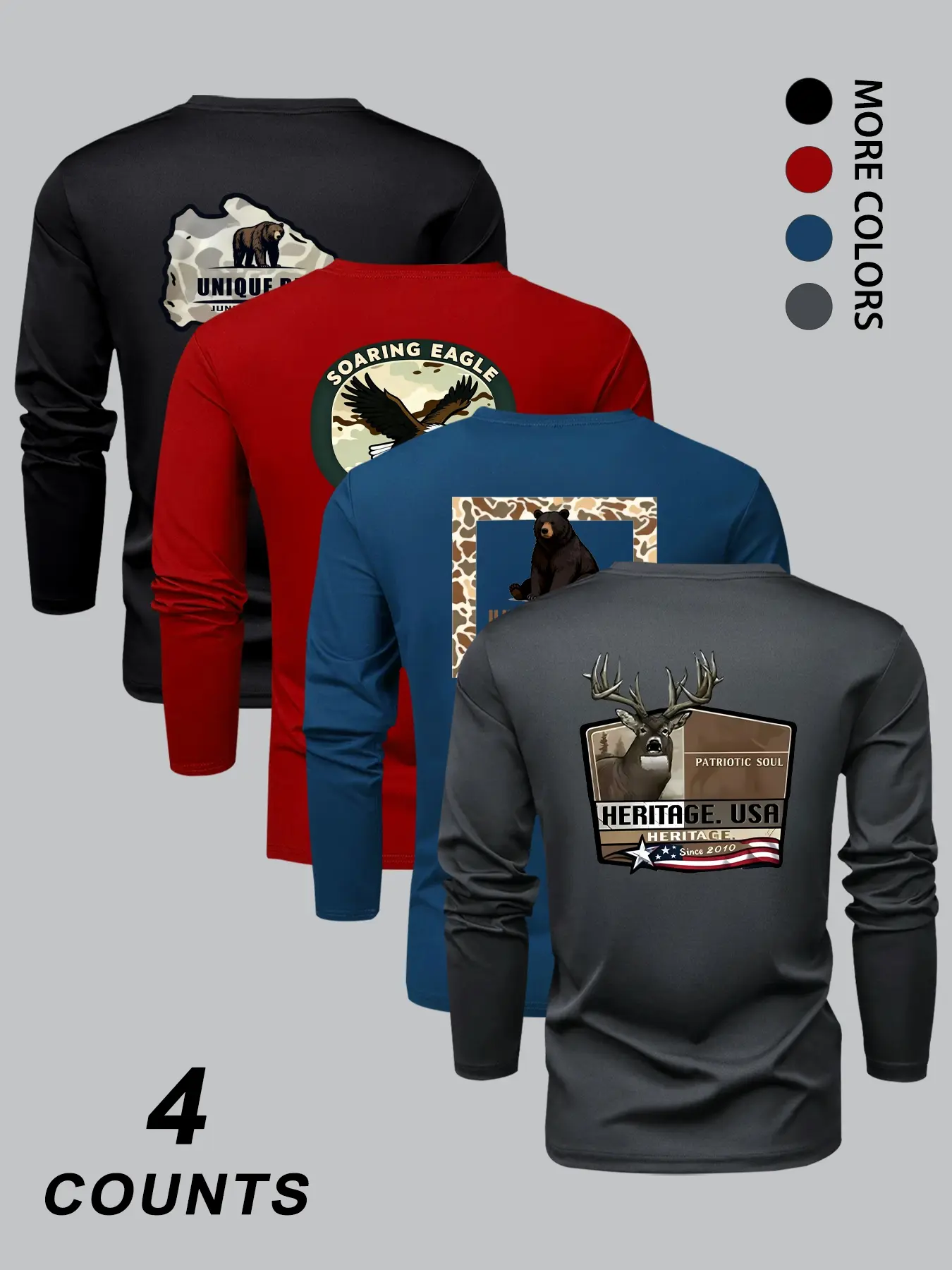 Men's Fashion Casual Athletic Style Camo Animal Print Long Sleeve Round Neck T-Shirt Set, Athletic Sports Clothing, Comfortable Stretch Fabric, Perfect for Spring & Fall Sports Outdoor Activities, Athletic Apparel, Athletic Top