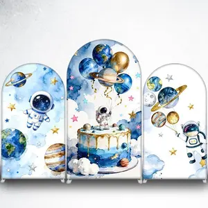 15-day 2D Flat Delivery Outer Space Astronaut and Planets Arch Backdrop Cover for Kids Birthday Photo Booth