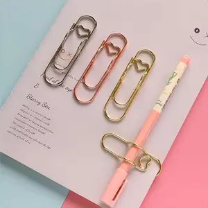 1 Box 6Pcs 3 Colors Heart Pen Clip Metal Pencil Clips Multifunctional Rose Gold Silver Carbon Steel Paperclip Portable Large Size Holder for Notebook Book Journal Office School Accessories