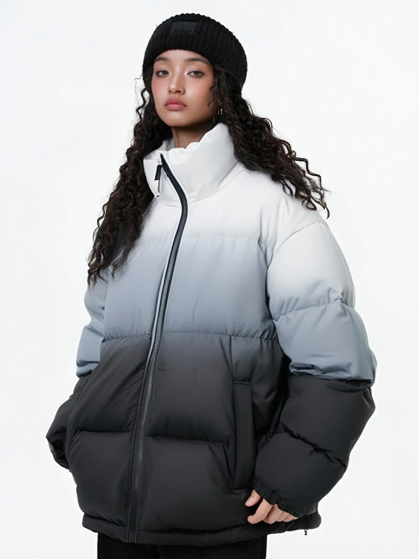 Women's Ombre Print Zip Up Quilted Jacket, Casual Long Sleeve Funnel Neck Pocket Design Outerwear for Fall & Winter, Women's Clothing for Daily Wear