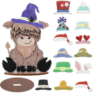 Highlands Cow Farmhouse Tiered Tray Decor Set with Interchangeable Hats Rustic Wooden Farm House Decor Cow Party Decorations Interchangeable Seasonal Wood Sign for Home Table (Highland Cow)