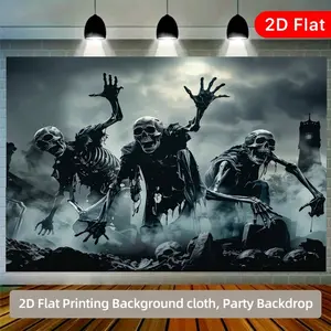 2D Flat 1PC Polyester Halloween Skeleton Backdrop Graveyard Spooky Decor for Indoor & Outdoor Themed Party, Horror Gathering, Photo Booth, Wall Decor, Home Decoration, Event Background, Available in Multiple Sizes