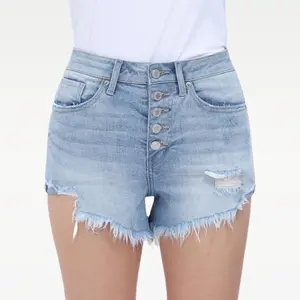 BlueMoment SUMMER VIBES Mid Rise Ripped Denim Shorts With Snap Button Front Frayed Raw Hem Light Wash Y2K Beach Outfits #TikTokShopSpringGlowUp