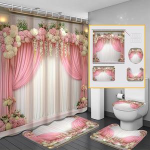 floral pattern bathroom curtain set, 1 set including shower curtain & toilet lid cover & floor mat & toilet mat, bathroom decor supplies, bathroom decoration accessories
