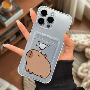 Cute Capybara Clear Card Holder Phone Case | Shockproof for iPhone 16/15/14/13/12/11 Pro Max/Plus Cover Protective Casing
