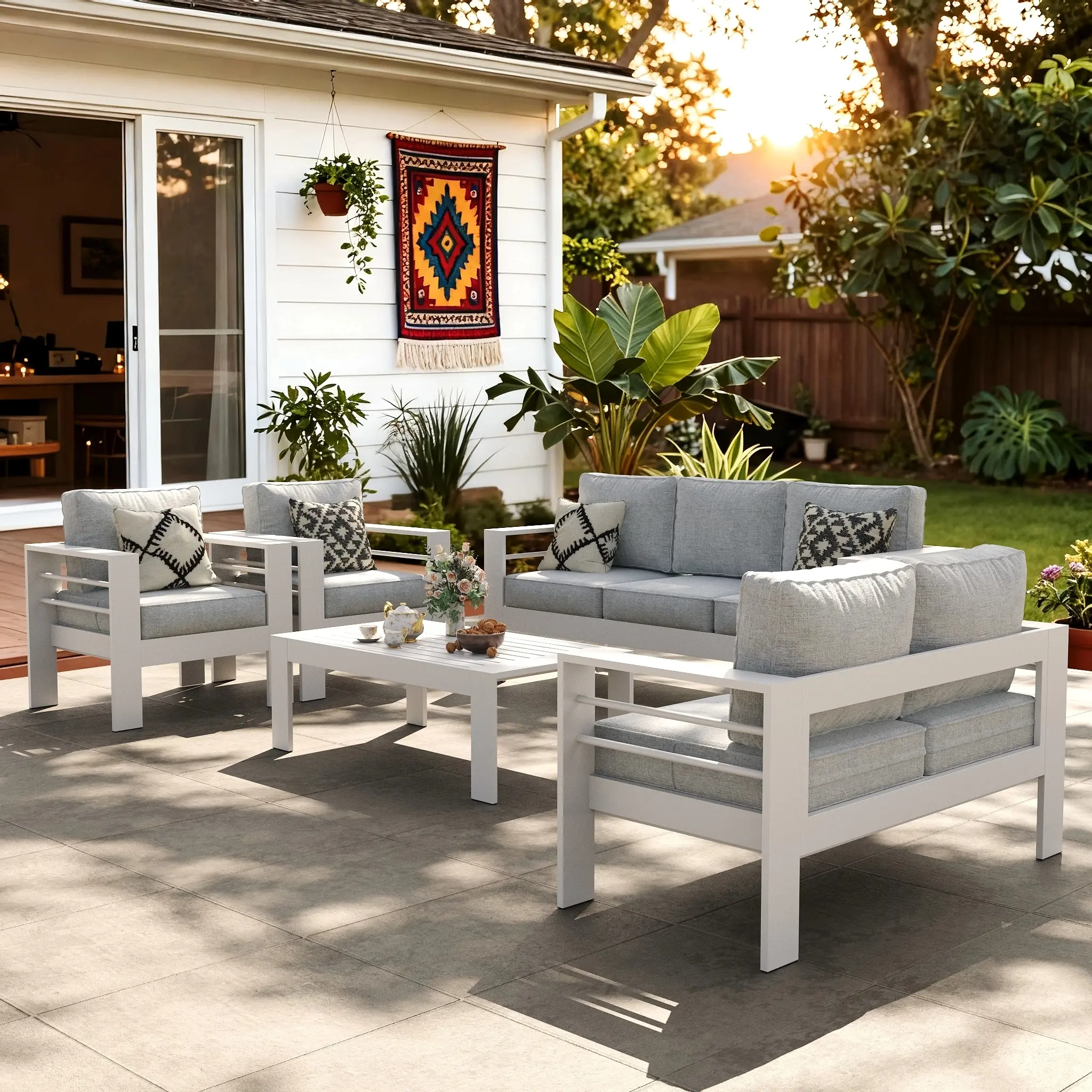 【3/4 Packages Shipping】LayinSun Outdoor Aluminum Furniture Set, Patio Sectional Conversation Chat Sofa Modern Seating Set with Coffee Table