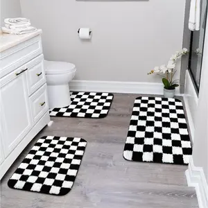 Bathroom Rugs Set 3 count, Black and White Checkered Bath Mat Set Non Slip Machine Washable, Soft Plush Microfiber Bathroom Mat with U Shaped Toilet for Tub, Shower