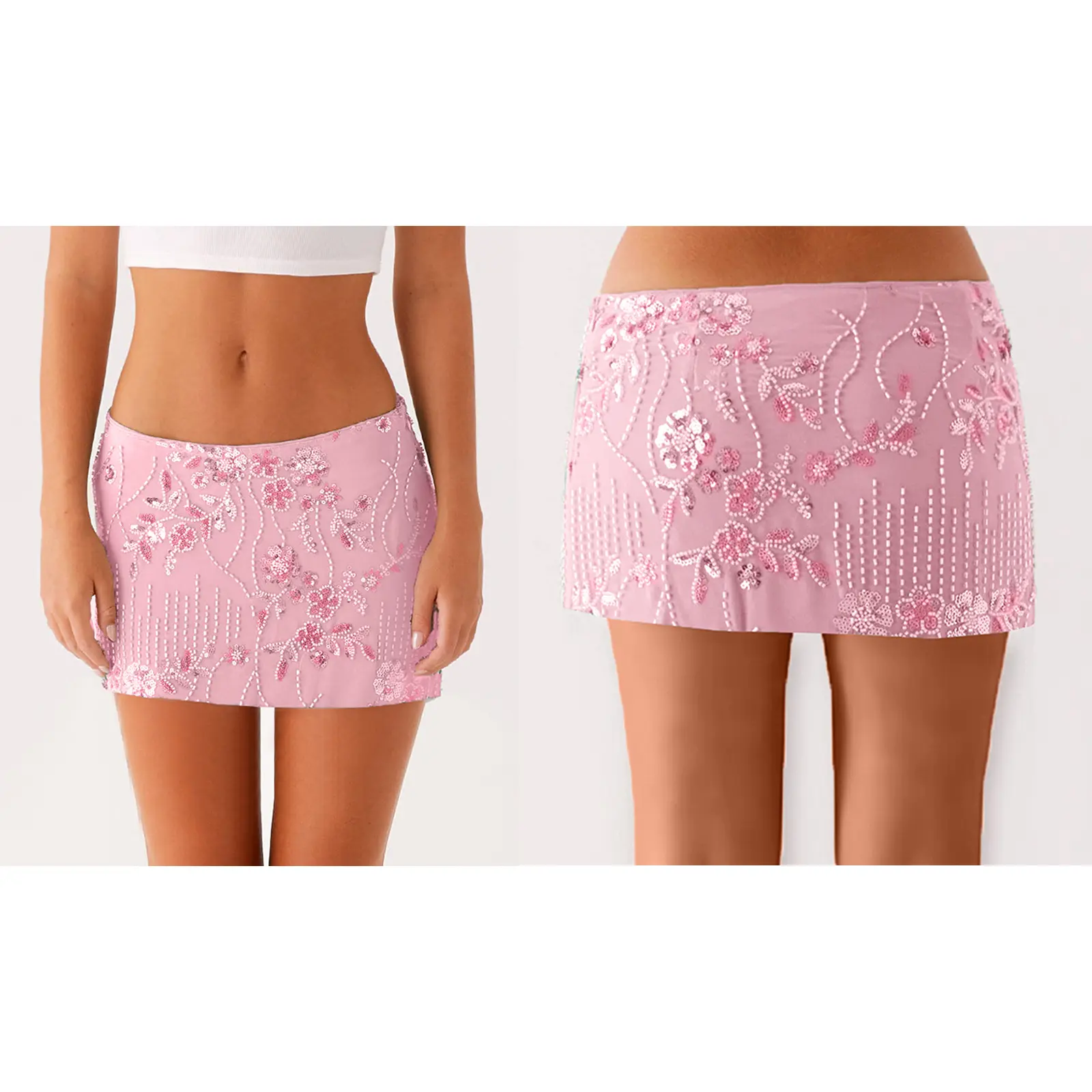 Women's Sequin Beaded Flower Low-Rise Mini Bodycon Polyester Bottom, Trendy Summer Streetwear Lady Skirt