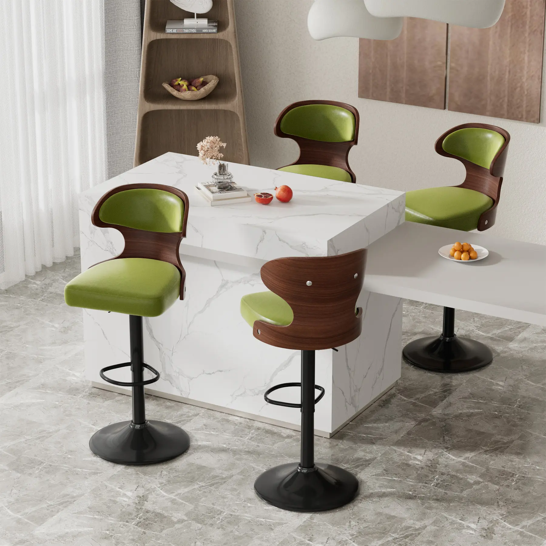 Green Retro Bar Stools Set of 2 - Adjustable Height Swivel Design, Bentwood Frame, Faux Leather with Lumbar Support & Footrest for Home, Pub