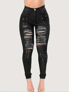 Plus Size Pocket Button Ripped Jeans, Washed Denim Faded Jeans for Women, Casual High Rise Tight Pants for Daily Wear, Women's Bottoms for All Seasons