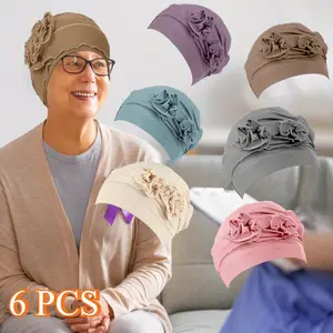 6pcs Women's Pleated Turbans, Cute Pre-Tied Polyester Chemo Cap with Floral Knot, Soft Breathable Headwrap for Cancer Patients