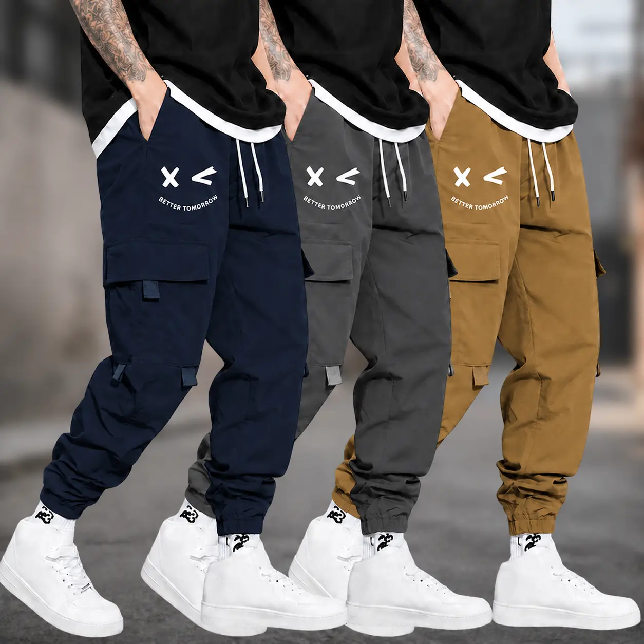 3-pack men’s printed cargo pants with multiple pockets and cuffs; white tapered cargo pants with a drawstring elastic waistband, lightweight woven fabric—ideal for street, outdoor, and everyday wear.