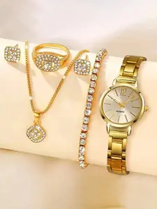 4-piece set of women's fashionable gold high-quality quartz watches, featuring a simple scale round dial, casual digital alloy quartz watches, stainless steel straps, diamond gold bracelets, necklace jewelry sets, suitable for daily wear