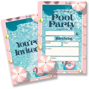 Pool Birthday Party Invitations Supplies with Envelopes Set of 20 Swimming Birthday Invitations for Girls Fill in Blank, Double Sided