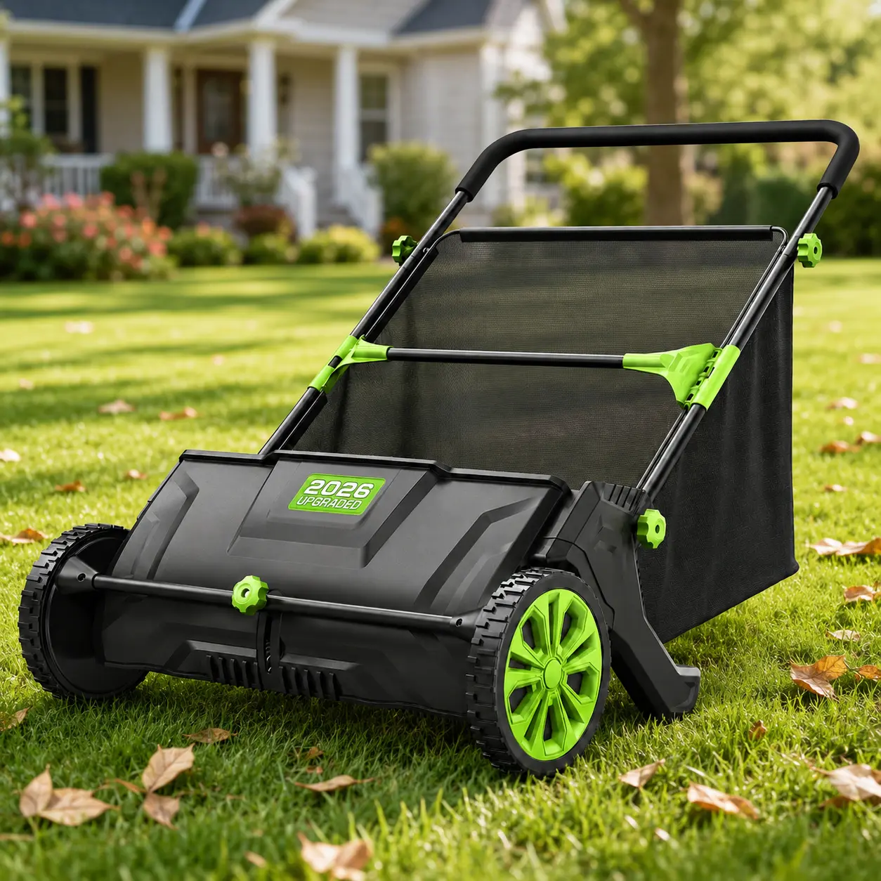 Manual Push Lawn Sweeper (21/26 in) – Wheel-Drive Garden Cleaning Tool with Push Handle, Adjustable Brush Height, Large Detachable Hopper Bag for Leaf Pickup & Lawn Debris Cleanup