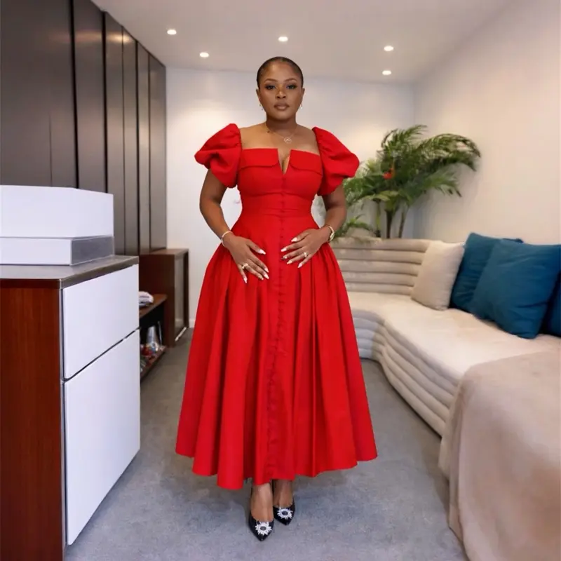 Women's Red Luxe Puffy Sleeve Princess Midi Dress - Fitted Vintage Corset-Style Bodice, Elegant Button-Down Women's Red Luxe Puffy Sleeve Princess Midi Dress - Fitted Vintage Corset-Style Bodice, Elegant Button-Down