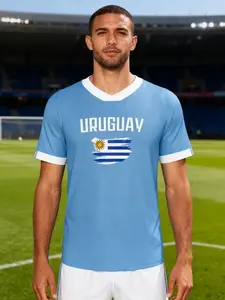 2026 Football World Cup Uruguay Flag Fan T-Shirt, Unisex Sporty Casual Printed Short Sleeve Top, Comfortable Breathable Running Gym Wear