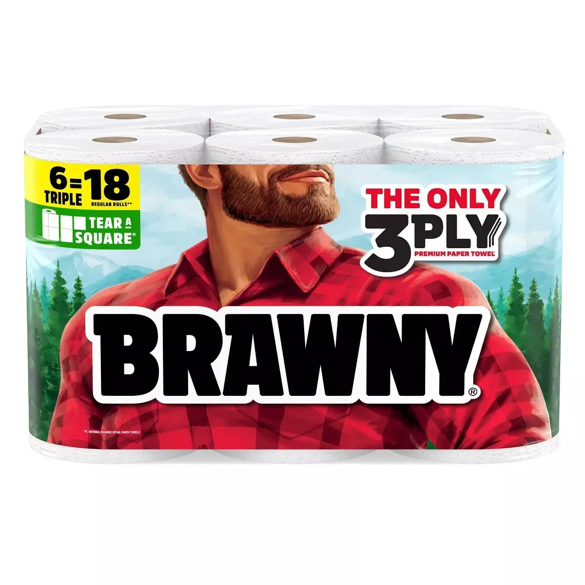 Brawny Tear-A-Square Paper Towels - 6 Triple Rolls - 3-Ply - 114 Sheets