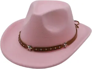 Cowboy Hat for Girls Western Cowgirl Hat with Buckle Belt Pink Wide Brim Fedora Hat Dress Up Costume