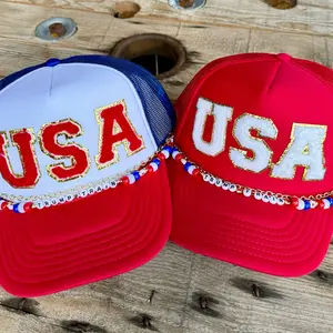 Trump Trucker Hat for Women, USA Chenille Patches with Charm Beads and Chain, Republican MAGA Vibes, Red White & Blue Cap