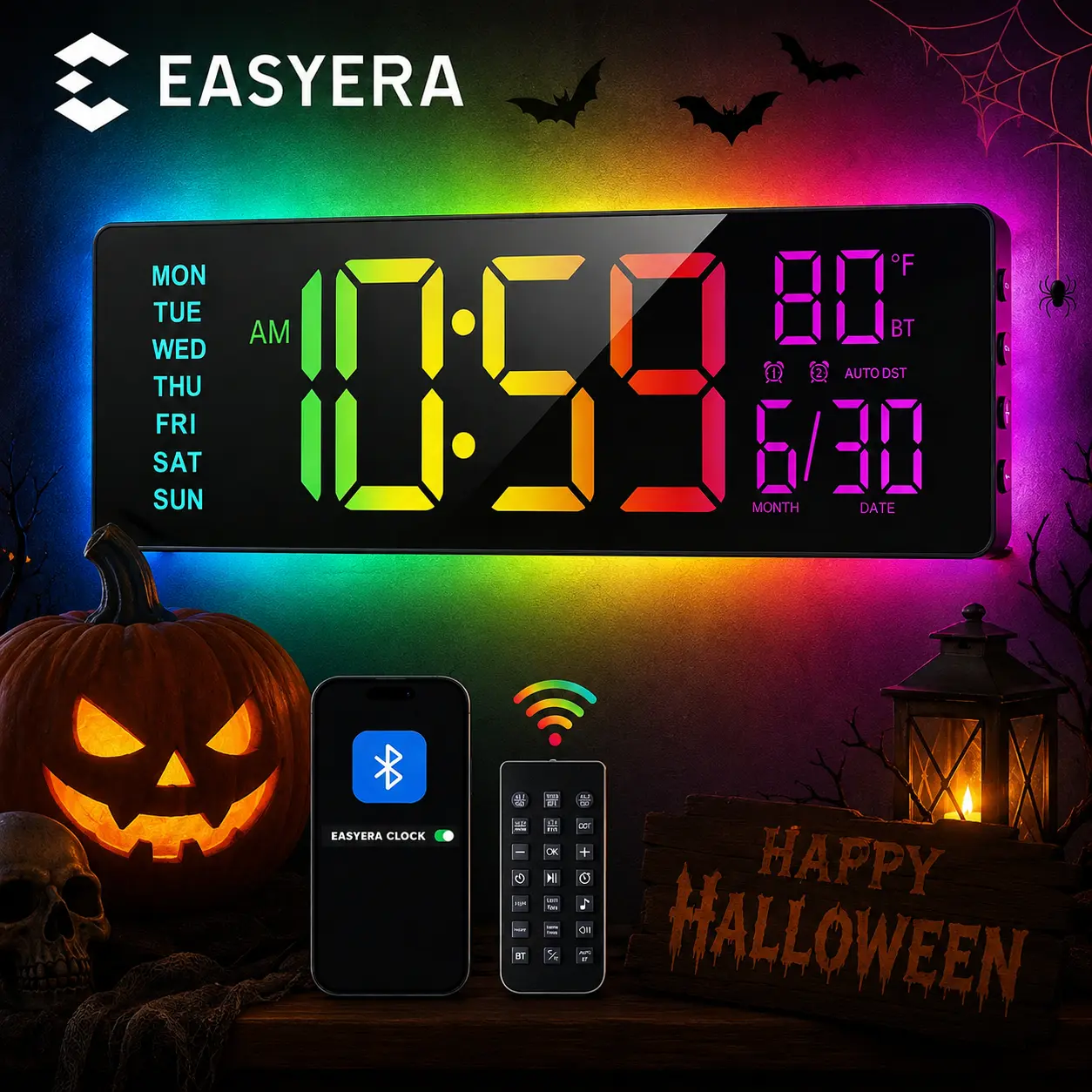 EASYERA 16.5" & 12" & 10" Large Digital Wall Clock with BT Sync, RGB Lights with 11 Scenes Mode Remote Control, Big LED Clock with Dual Alarms, Auto DST, Temperature for Classroom Gaming, Office, LivingRoom, Kitchen, Halloween Decor, Gift