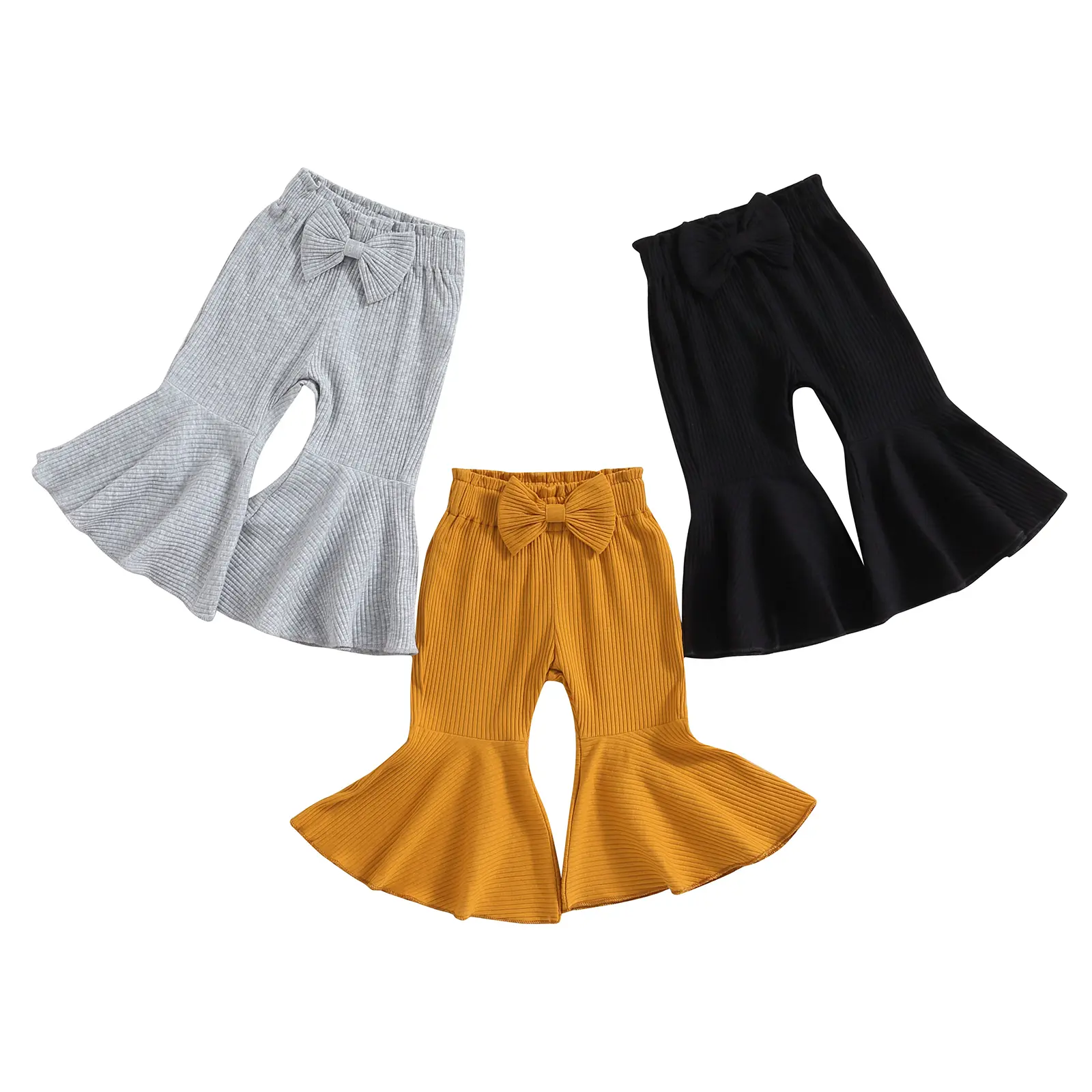 Toddler Baby Girl Flare Pants Solid Color Ribbed Trousers Bowknot Elastic Waist Fall Bell Bottom 0-3 Years