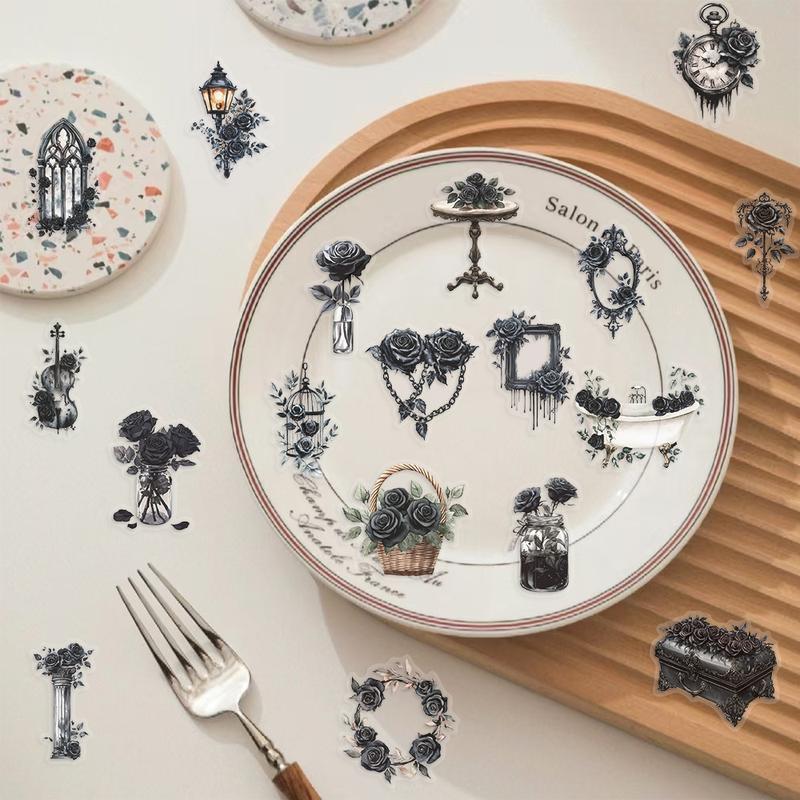 50 Pcs Gothic Dark Rose Transparent Stickers, Reusable Pet Decorative Labels, DIY Water Bottle, Notebook, Luggage, Phone Case, Tablet