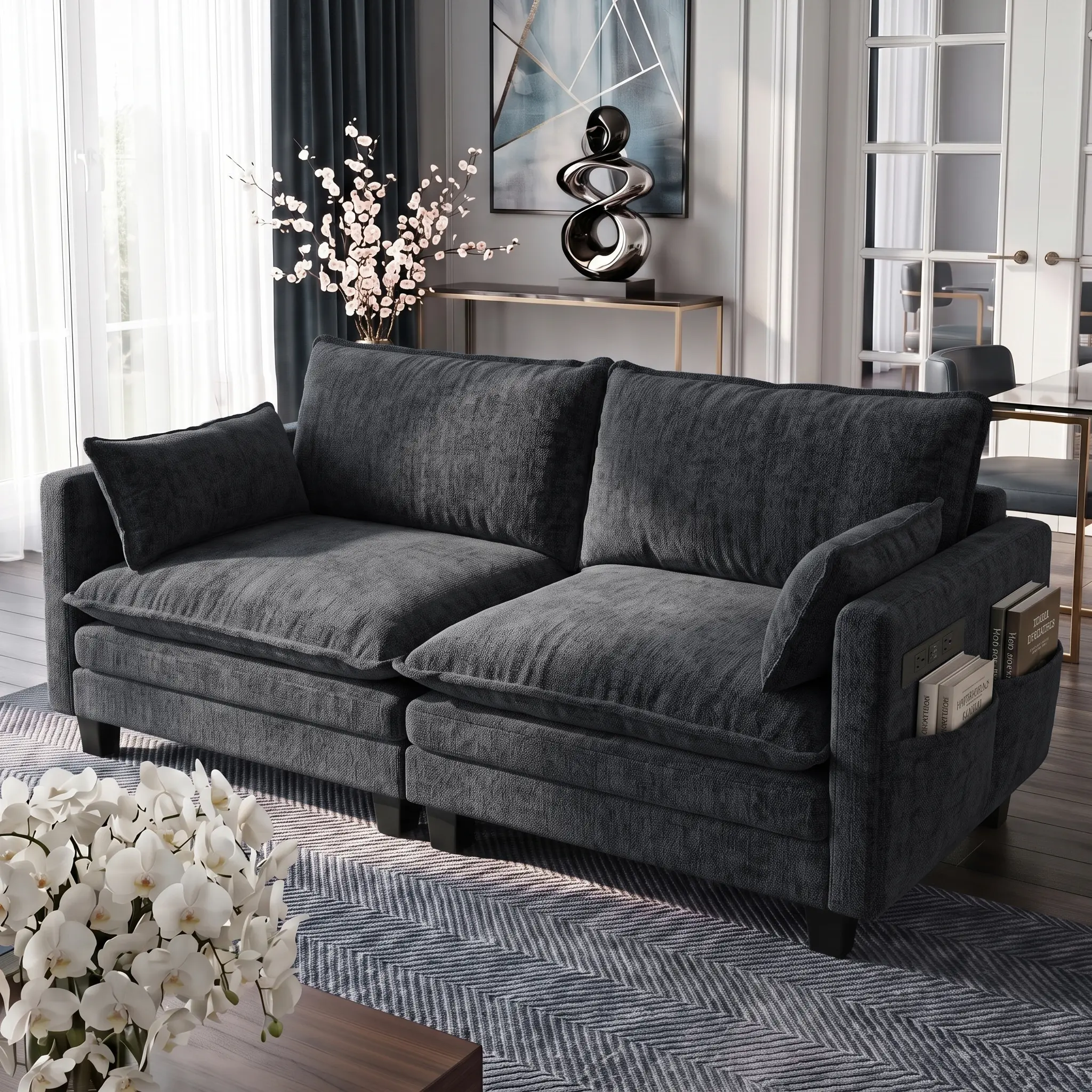 Eyisean 74.8" Chenille Fluffy Cloud Loveseat Sofa - 2-Seater Fixed Arms Modern Small Space Smart Furniture, Comfy Couch with USB Ports, Side Pocket, Double Layer Upholstered Deep Seat, Pillows, Solid Frame, Easy Assembly for Living Room