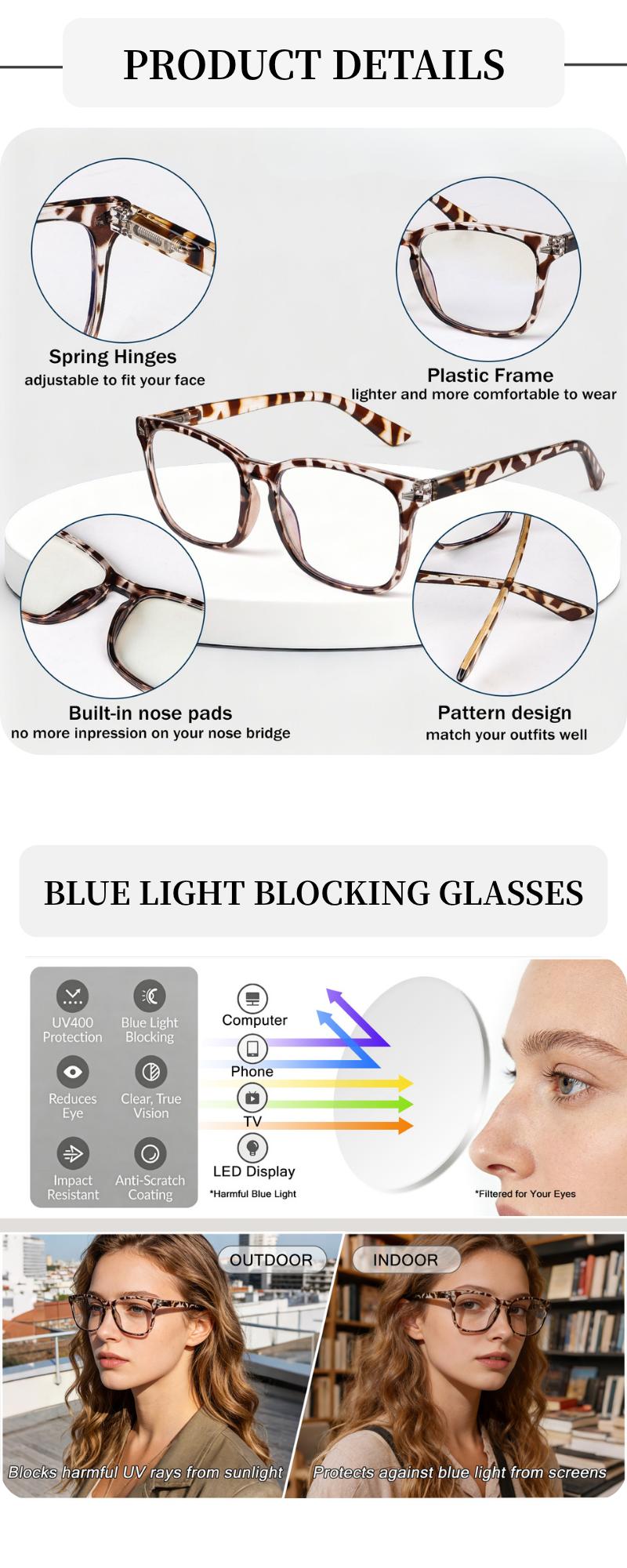 SUNVOES 2 Pack Blue Light Blocking Glasses Spring Hinge For Women Men Unisex - Anti Eyestrain/Glare/Dryness/UV/, Computer Gaming Glasses, Reduce Eye Strain, Sturdy Durable Lightweight Stylish Square Frame,  High-Quality Premium Textured Unisex Accessory.