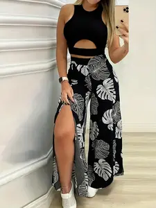 Women's Solid Crop Top & Leaf Print Wide Leg Pants Two-Piece Set, Elegant Fashion Casual Top & High Waist Trousers for Daily Outdoor Wear, Ladies Outfits for Summer