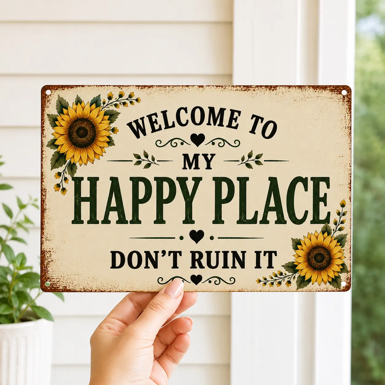 Welcome to My Happy Place Don’t Ruin It Garden Sign, Rustic Sunflower Metal Hanging Plaque, Funny Outdoor Porch Patio Door Wall Decor, Farmhouse Backyard Fence Decor Gift for Mom Women Garden Lovers