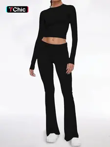 Women's Sport Set, Two Piece Workout Clothes Featuring Long Sleeve Foldable Top and Flared Low Waist Pants, Ideal for Activewear Sportswear