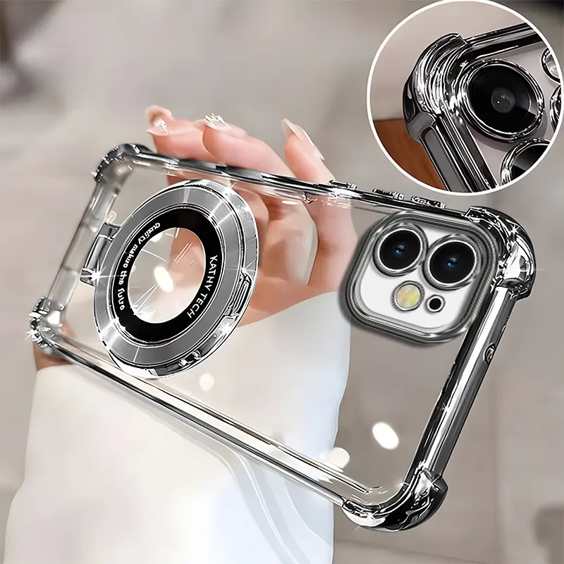Suitable for [iPhone 12] high-end phone case, Electroplated Luxury Clear Phone Case with Ring Stand Holder 4-Corner Shockproof Camera Protective Cover 952