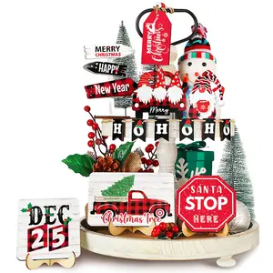 13-Piece Christmas Layered Tray Decor Set, Winter Tabletop Decoration, Plaid Gnome Truck Wooden Sign Farmhouse Snowman Home Desk Stand
