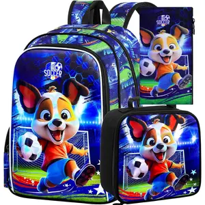 F-CPB35  16" Dog Soccer Backpack Set for Boys 4-8, 3Pcs Kindergarten School Bag with Football Lunch Box & Pencil Case, Durable Bookbag (Blue)
