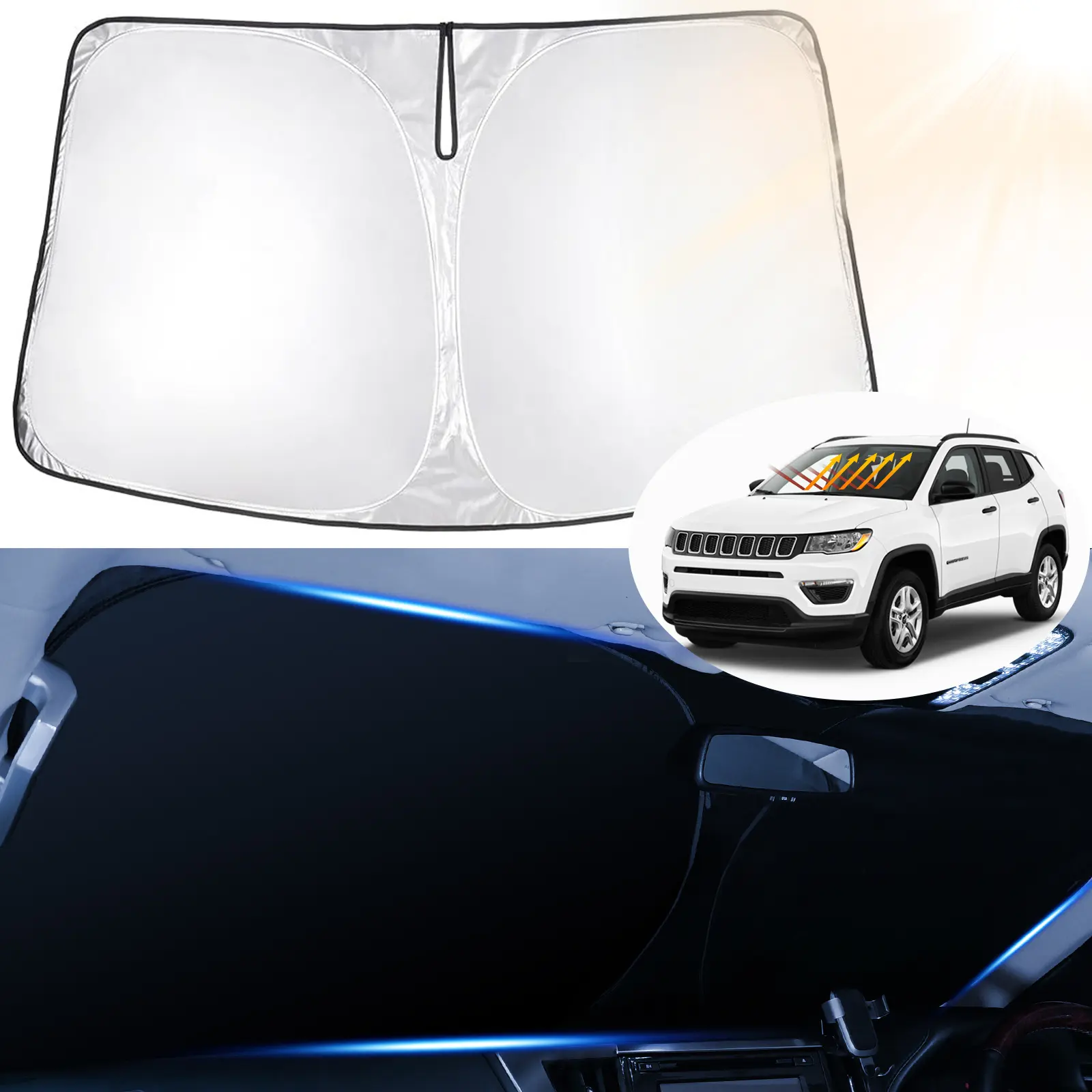 Canvcle Car Windshield Sun Shade for Jeep Compass 2017-2025, 99% UV Rays Blocking 240T 5-Layer Silver Black Cover, Foldable UV Light Filtering Front Window Visor, Windshield Cover Front Window