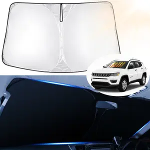Canvcle Windshield Sun Shade for Jeep Compass 2017-2025 Foldable Window Visor Cover Blocks 99% UV Rays Silver Black 240T 5 Layers Material