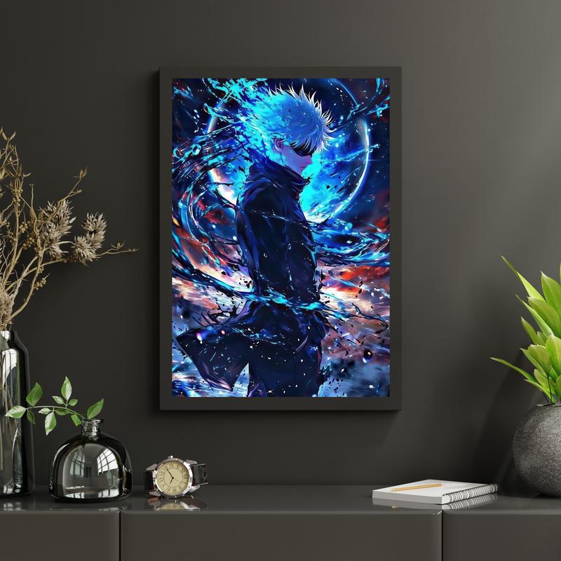 NBHYK Satoru Gojo Jujutsu Kaisen Portrait Poster Anime Canvas Print Home Decorations Artistic Black Blue Design for Room Aesthetic Wall Art Poster 08x12 12x18 16x24 20x30 24x36 inches Framed Unframed Options