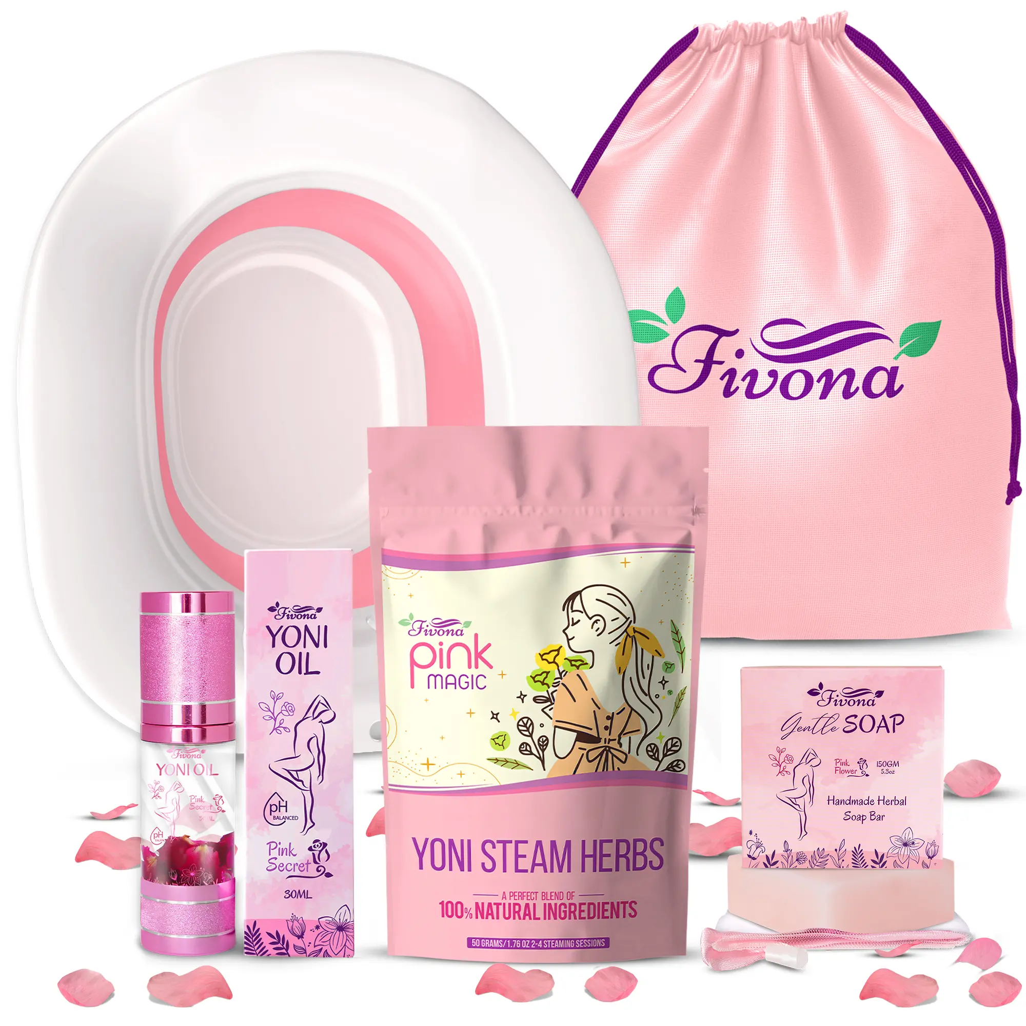 FIVONA 5-in-1 Gentle Yoni Steaming Kit - Adult Feminine Intimate Care Storage Bundle with Sitz Bath Seat, Herbal Flower Pouch, Shea Butter Soap, Chamomile Oil, Coconut, Avocado Oil, Saffron, Lavender Foaming Soap, Body Care Bundle, Spa Wellness Gift Set