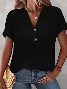 Spring Summer New V Neck Loose Fit Buttoned Slimming Concealing Top, Casual Fashionable Style Women's Blouse, Versatile Daily Wear Shirts