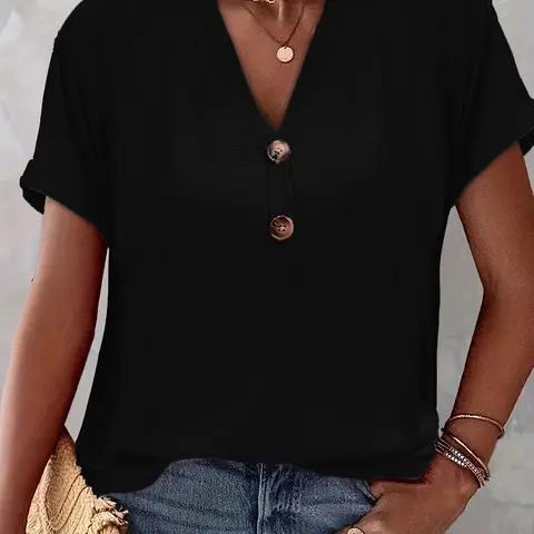 Spring Summer New V Neck Loose Fit Buttoned Slimming Concealing Top, Casual Fashionable Style Women's Blouse, Versatile Daily Wear Shirts Womenswear, Casual Summer Tops