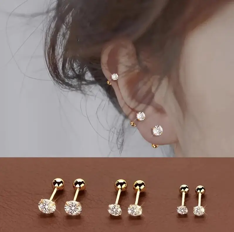 hypoallergenic cartilage 6pcs Mini Earrings 3mm, 4mm,5mm Round Synthetic Zirconia Earrings, Stainless Steel Ear Bone Nails, New Small Earrings
