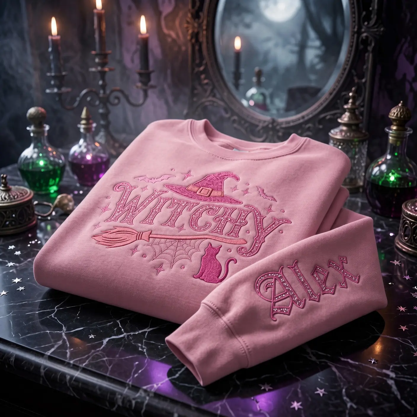 Custom Witchy Embroidered Sweatshirt, Personalized Name Sleeve Halloween Crewneck, Glitter Witch Hat Broom Pullover, Spooky Gift