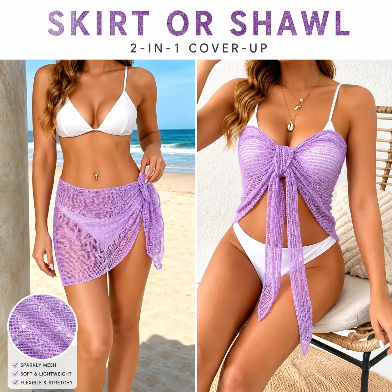 Women’s Sleeveless 2-in-1 Sparkly Mesh Beach Cover Up - Convertible Sarong Wrap Skirt, Tie-Front Shawl, Sheer Bikini Swimwear Accessory for Summer Vacation Resort, Convertible Design, Casual