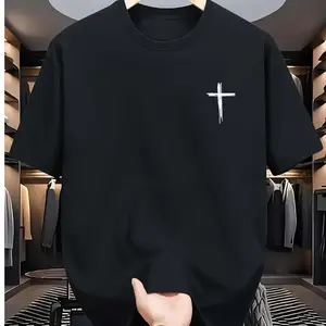 Unisex Vintage Navy Blue Cotton T-Shirt – Cross Graphic Short Sleeve Crewneck Tee, Loose Fit Casual All-Season Top Classic Menswear