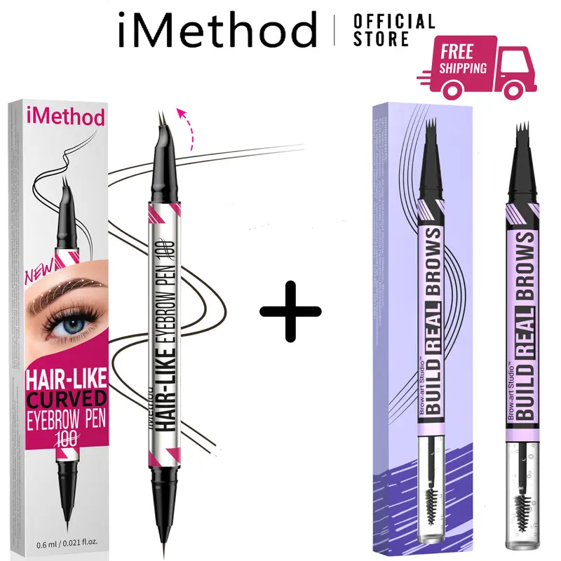 iMethod Women's Curved Microblading Eyebrow Pencil - Double-Sided 2-in-1 Cosmetic Tool, Micro-Fork Tip, Precise Brow Sculpting, Biodegradable, 24 Months Shelf Life, Limited Edition with Box, 2-Pen Pack for Adults