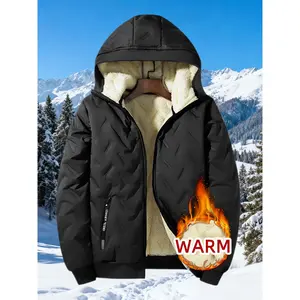 Men's Casual Hooded Jacket - Black Quilted Design, Brushed Fleece Lining, Loose Fit, Zipper Closure, Long Sleeves, Polyester Fiber Filling, Pockets and Drawstring Hood, Suitable for Warmth, Jacket, Men's Clothing, Men's Coat, Men
