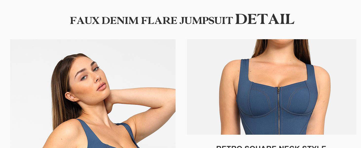 BRXL Faux Denim Jumpsuit for Women - Built-in Shapewear Tummy Control Bodycon Romper with Flared Legs & Bronze Zipper - Casual Fashion Bodysuit#Summervibes #beachoutfit, Lady